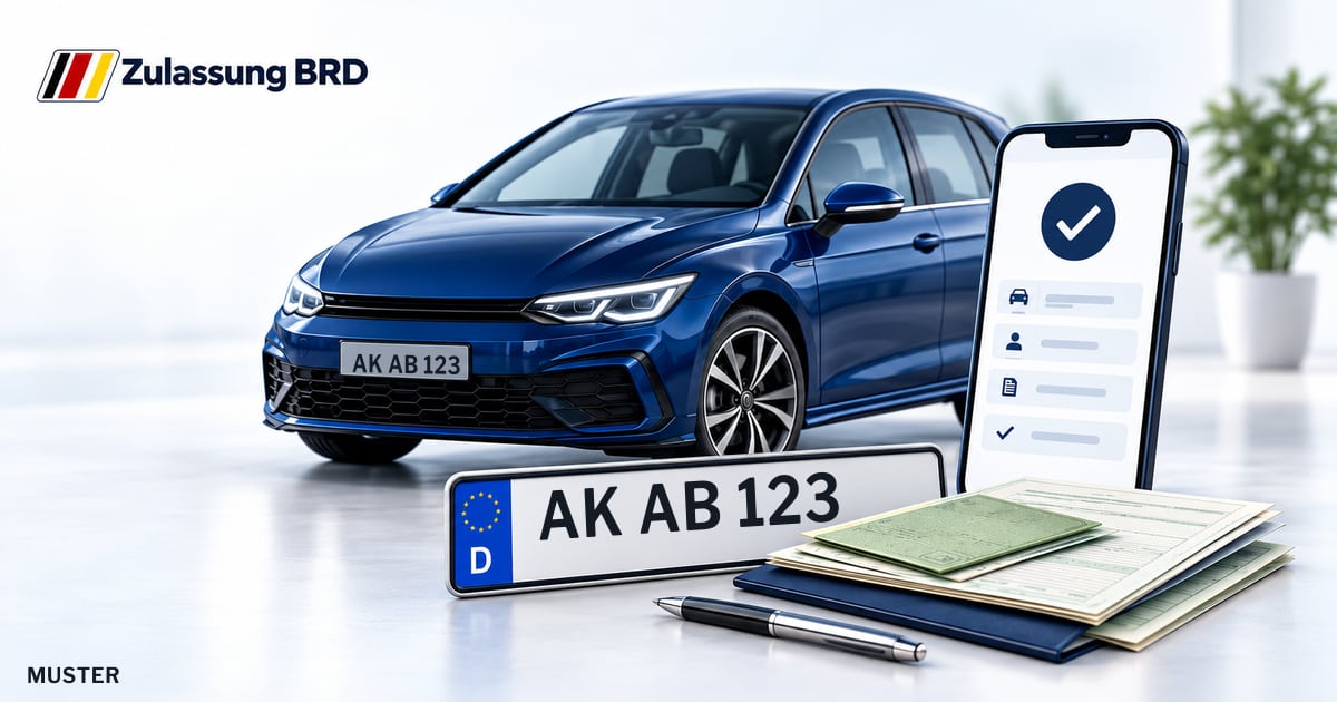 Online Fahrzeugzulassung in Altenkirchen: Musterkennzeichen AK AB 123, Auto und Fahrzeugpapiere und Smartphone. Illustration mit Logo von Zulassung BRD.